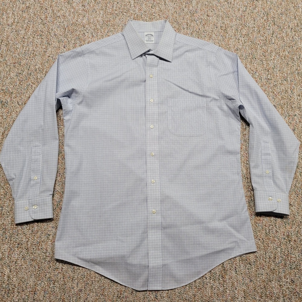 Brooks Brothers Shirt Mens 16 Blue Check Slim Fit Button Up Non Iron‎ Stretch